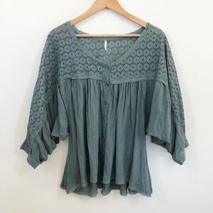 Free People Green Eyelet Peasant Top Size Small